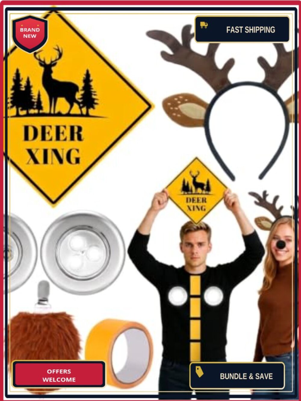 Halloween Deer in Headlights Couples Costume Set Cosplay Accessories Adult